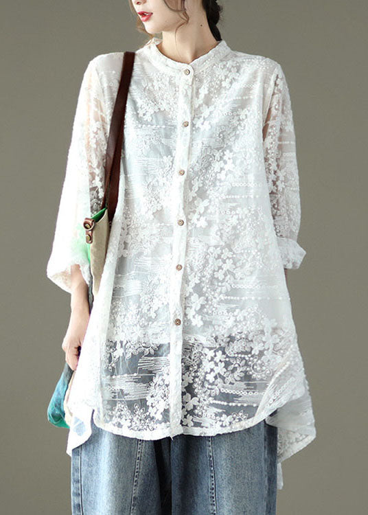 Loose White 2024 Hollow Out Lace UPF 50+ Shirts Long Sleeve