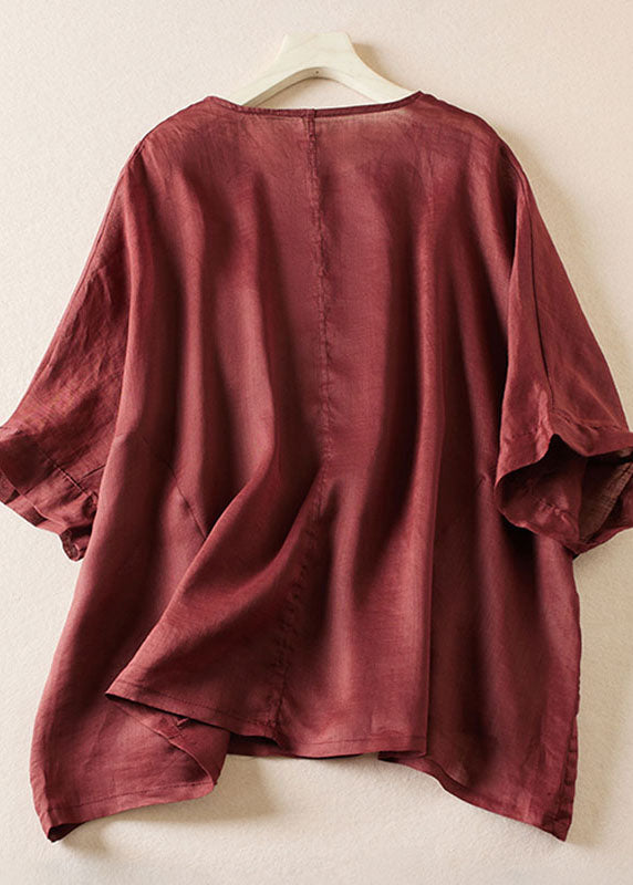 Loose Wine Red O-Neck Rose Floral Linen T Shirt Top Summer