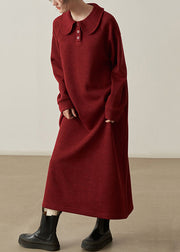 Loose Wine Red Pockets Cozy  Cotton Knit Long Dresses Fall