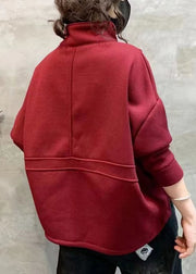 Loose Wine Red Zip Up Pockets Patchwork Warm Fleece Sweatshirts Fall