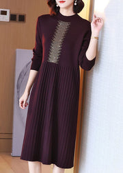 Loose Wine Red Zircon Wrinkled Cotton Knit Dress Long Sleeve