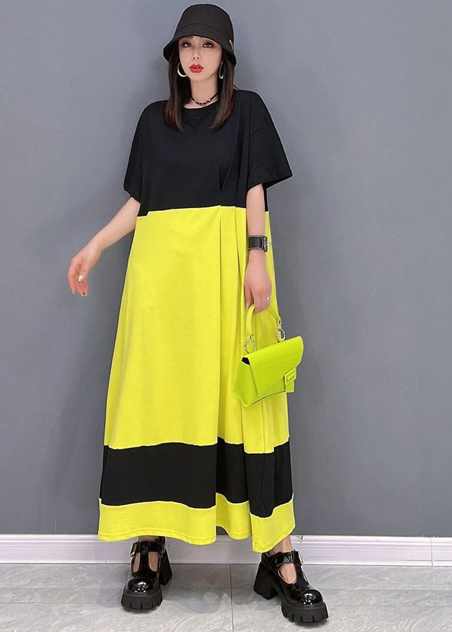 Loose Yellow Black Oversized Patchwork Cotton Long Dress Short Sleeve