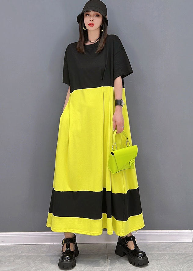 Loose Yellow Black Oversized Patchwork Cotton Long Dress Short Sleeve