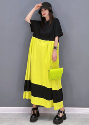 Loose Yellow Black Oversized Patchwork Cotton Long Dress Short Sleeve