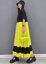 Loose Yellow Black Oversized Patchwork Cotton Long Dress Short Sleeve