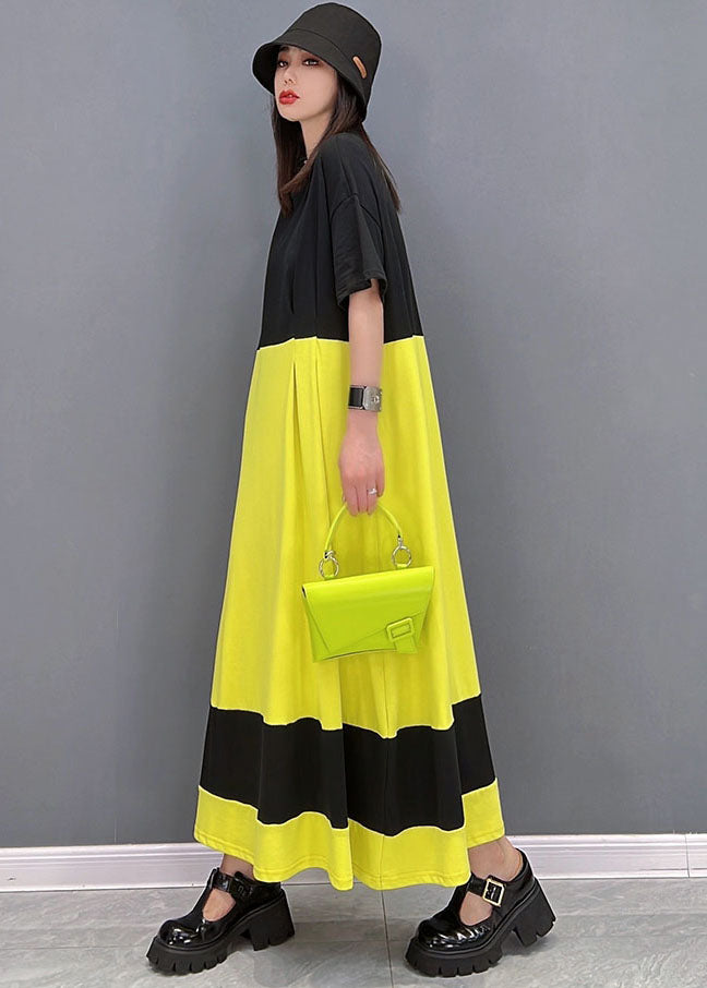 Loose Yellow Black Oversized Patchwork Cotton Long Dress Short Sleeve