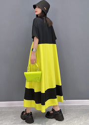 Loose Yellow Black Oversized Patchwork Cotton Long Dress Short Sleeve