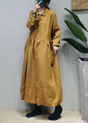 Loose Yellow Button Peter Pan Collar Linen Shirt Dress Long Sleeve