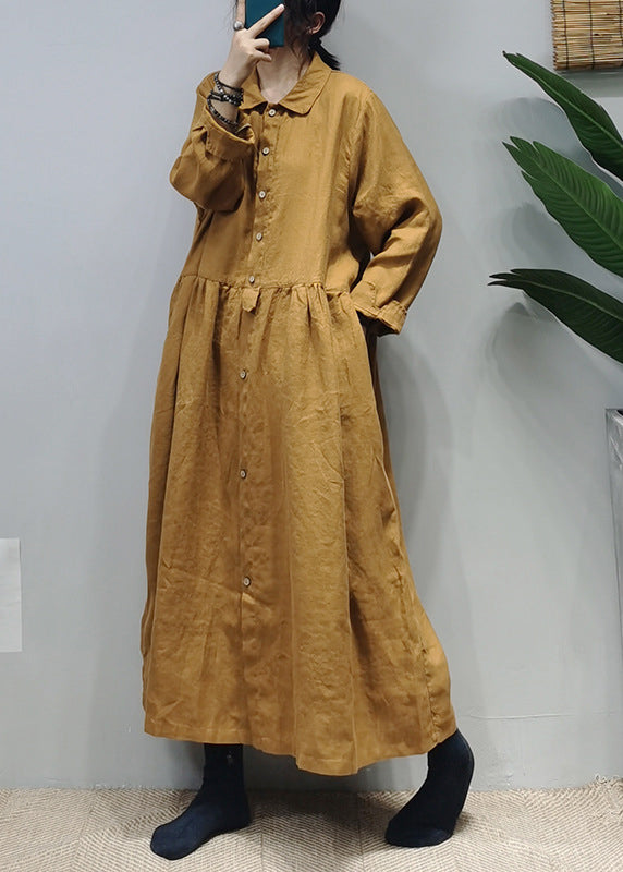 Loose Yellow Button Peter Pan Collar Linen Shirt Dress Long Sleeve