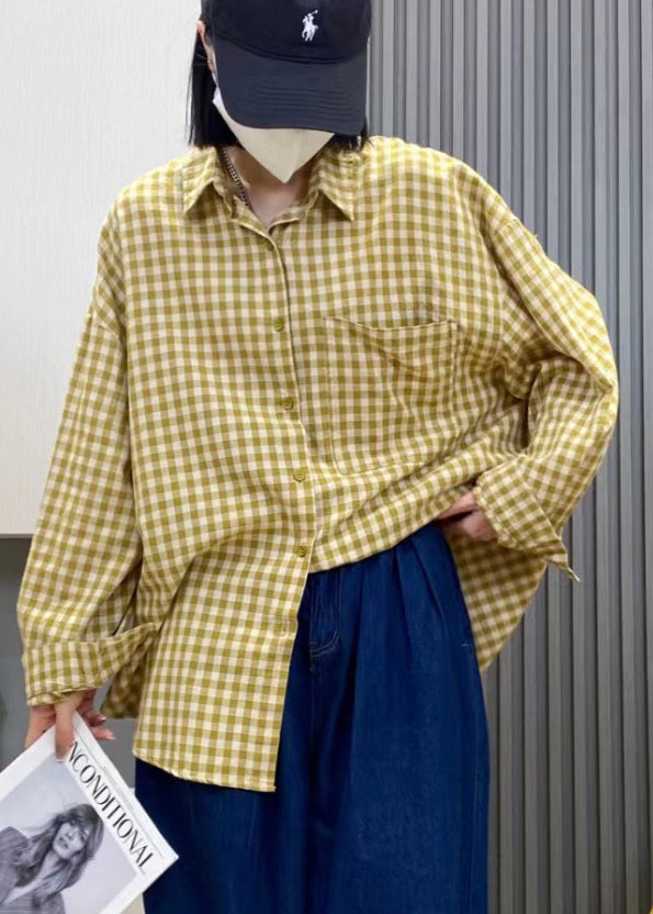 Loose Yellow Button Peter Pan Collar Plaid Cotton Shirt Tops Long Sleeve