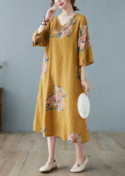 Loose Yellow Casual V Neck Print Summer Party Dresses Half Sleeve - bagstylebliss