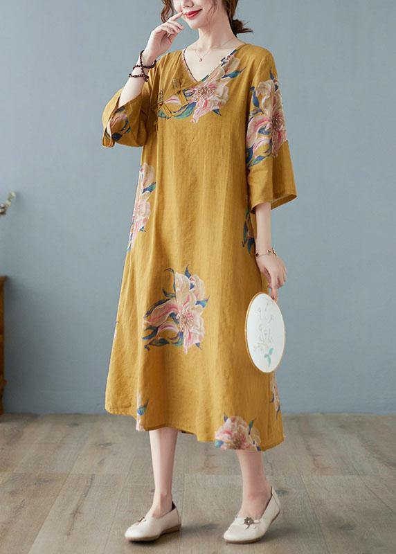 Loose Yellow Casual V Neck Print Summer Party Dresses Half Sleeve - bagstylebliss