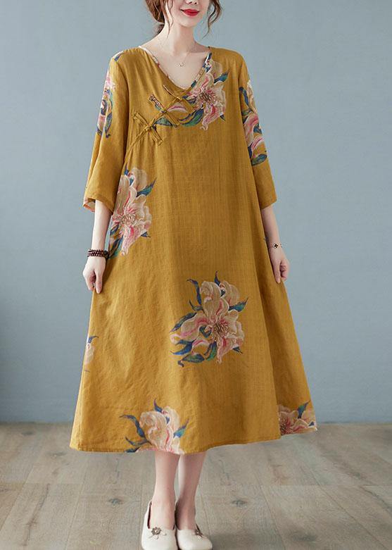 Loose Yellow Casual V Neck Print Summer Party Dresses Half Sleeve - bagstylebliss