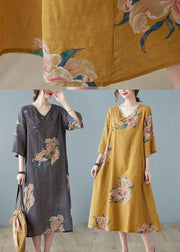 Loose Yellow Casual V Neck Print Summer Party Dresses Half Sleeve - bagstylebliss