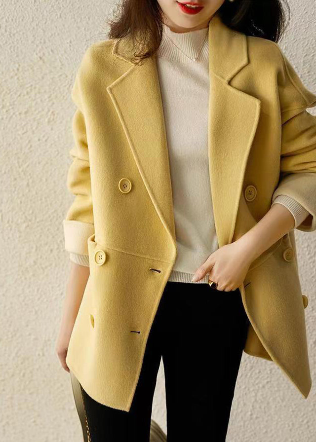 Loose Yellow Double Breast Pockets Patchwork Woolen Coats Fall