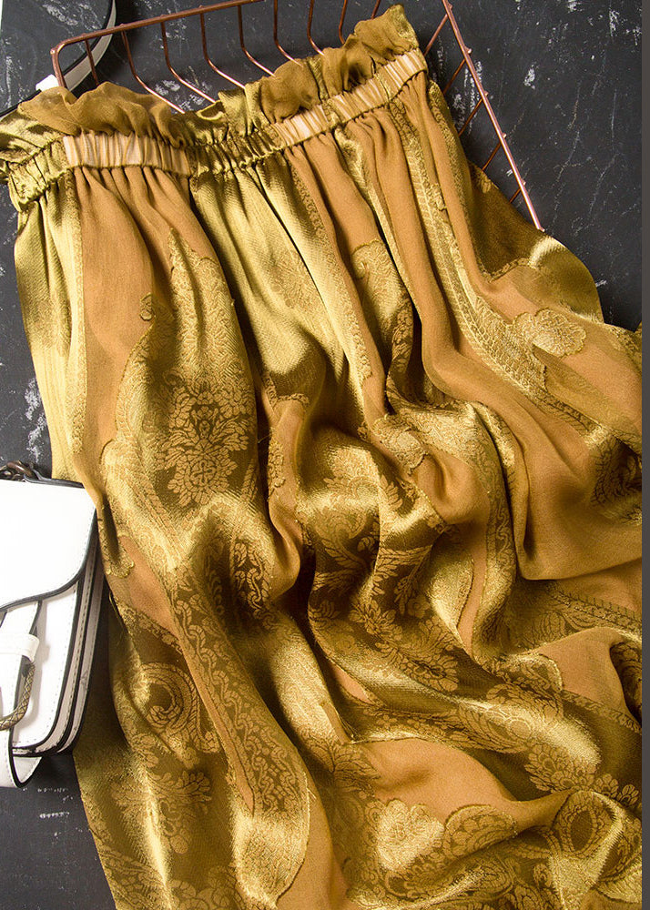 Loose Yellow Embroidered Elastic Waist Silk Skirt Fall