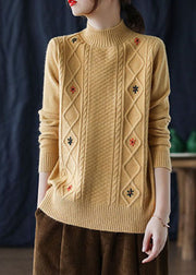 Loose Yellow Embroideried Floral Knit Sweaters Winter