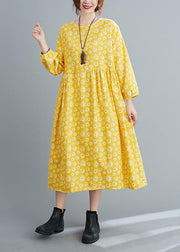 Loose Yellow Floral O Neck Cinched Art Spring Dresses - bagstylebliss