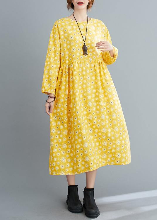 Loose Yellow Floral O Neck Cinched Art Spring Dresses - bagstylebliss