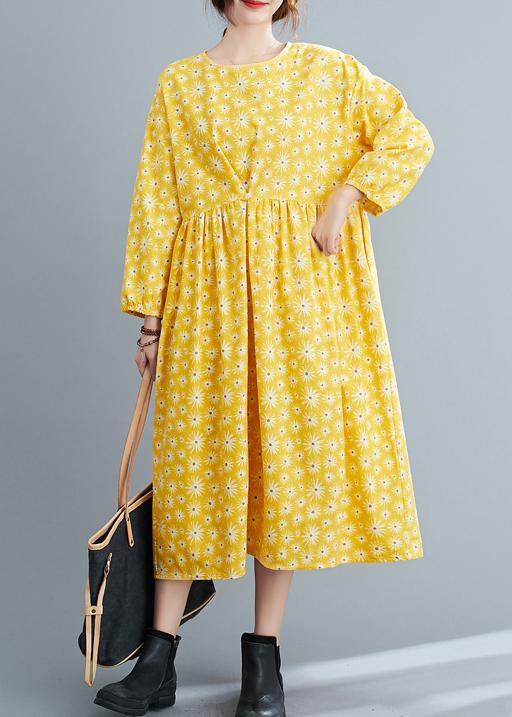 Loose Yellow Floral O Neck Cinched Art Spring Dresses - bagstylebliss