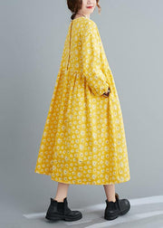 Loose Yellow Floral O Neck Cinched Art Spring Dresses - bagstylebliss