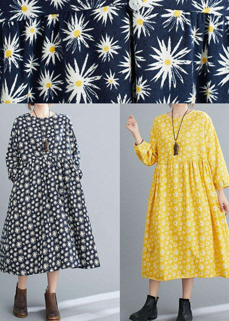 Loose Yellow Floral O Neck Cinched Art Spring Dresses - bagstylebliss