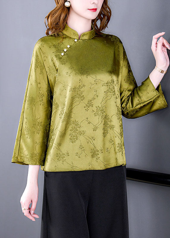 Loose Yellow Green Mandarin Collar Oriental Button Jacquard Silk Top Summer