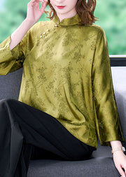 Loose Yellow Green Mandarin Collar Oriental Button Jacquard Silk Top Summer