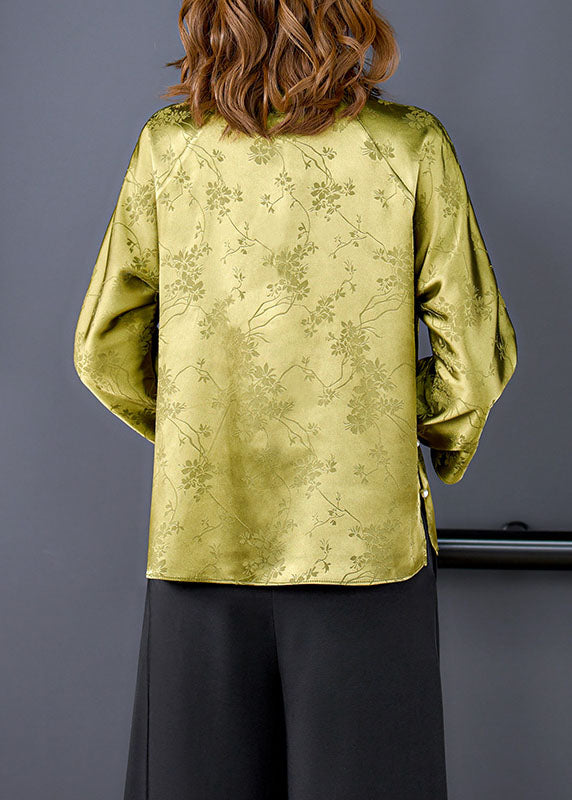 Loose Yellow Green Mandarin Collar Oriental Button Jacquard Silk Top Summer