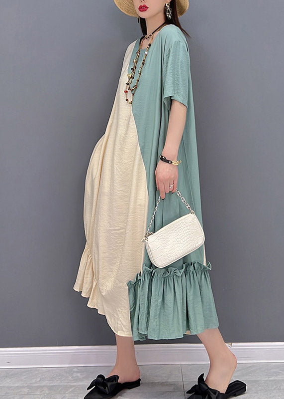 Loose Yellow Green O-Neck Patchwork Ruffled Long Dress Short Sleeve