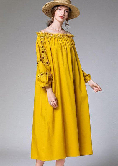 Loose Yellow Hollow Out Embroideried Fall Cotton Half Sleeve Dress - bagstylebliss