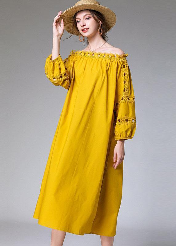 Loose Yellow Hollow Out Embroideried Fall Cotton Half Sleeve Dress - bagstylebliss
