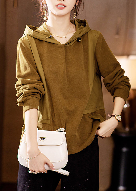 Loose Yellow Hooded Patchwork Cotton Sweatshirt Top Fall