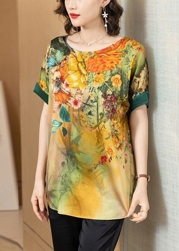 Loose Yellow O Neck Print Patchwork Silk T Shirt Summer