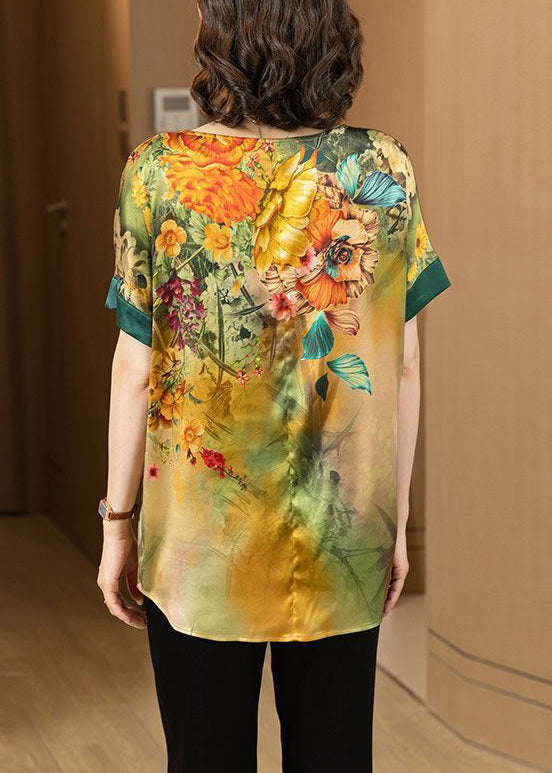 Loose Yellow O Neck Print Patchwork Silk T Shirt Summer