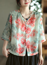 Loose Yellow Print Button Patchwork Cotton T Shirt Top Summer