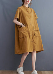 Loose Yellow Stand Collar Button pockets Dress Short Sleeve