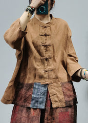 Loose Yellow Stand Collar Patchwork Linen Shirts Top Long Sleeve