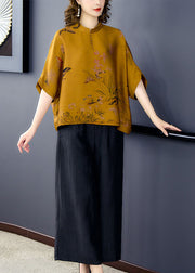 Loose Yellow Stand Collar Print Silk Two Piece Set Women Clothing Batwing Sleeve