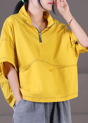 Loose Yellow Stand Collar Zip Up Cotton Loose Sweatshirt Short Sleeve