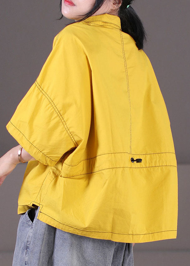 Loose Yellow Stand Collar Zip Up Cotton Loose Sweatshirt Short Sleeve