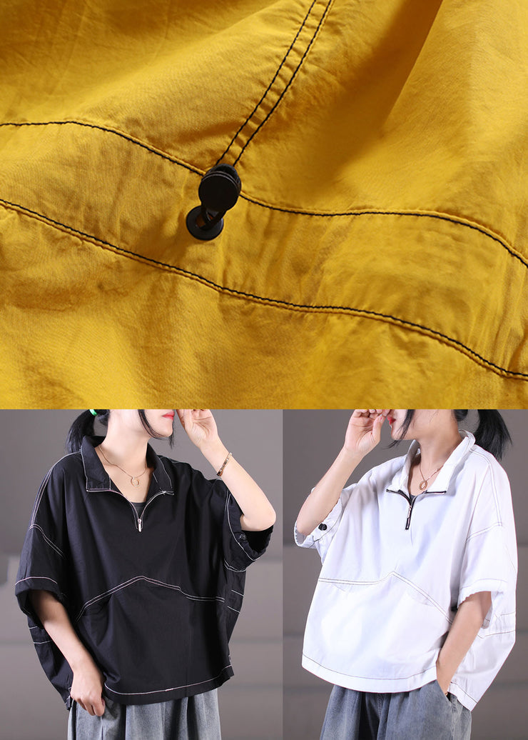 Loose Yellow Stand Collar Zip Up Cotton Loose Sweatshirt Short Sleeve