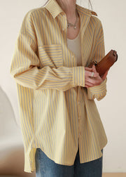 Loose Yellow Striped Button Patchwork Cotton Blouses Fall