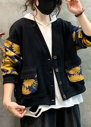 Loose Yellow V Neck Print Pockets Warm Fleece Coat Fall