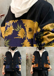 Loose Yellow V Neck Print Pockets Warm Fleece Coat Fall