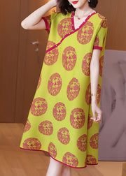 Loose Yellow V Neck Print Wrinkled Silk A Line Dresses Short Sleeve