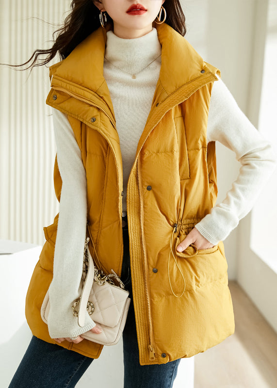 Loose Yellow Zip Up Drawstring Cotton Filled Waistcoat Sleeveless