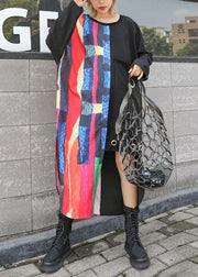 Loose asymmetric patchwork cotton quilting clothes Sleeve black Maxi Dress fall - bagstylebliss