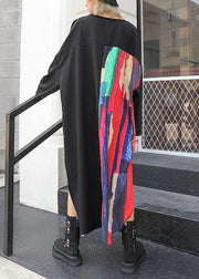 Loose asymmetric patchwork cotton quilting clothes Sleeve black Maxi Dress fall - bagstylebliss