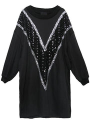 Loose black Cotton clothes Women o neck Sequined Dresses - bagstylebliss